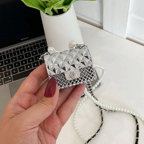 . Handbags - Silver Preppy Womens Mini Metallic Flap Square Bag Pearl Decor